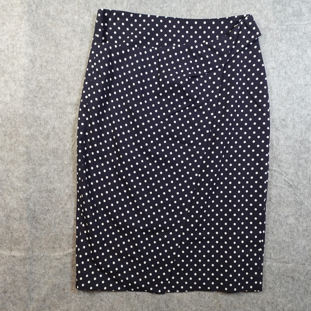 Judith Charles Skirt Womens 6 Pencil Midi Faux Wrap Navy White Polka Dot Office